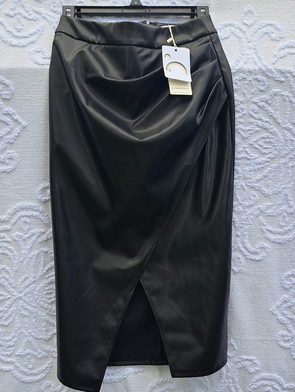 Commense Black Faux Leather Wrap Pencil Skirt S